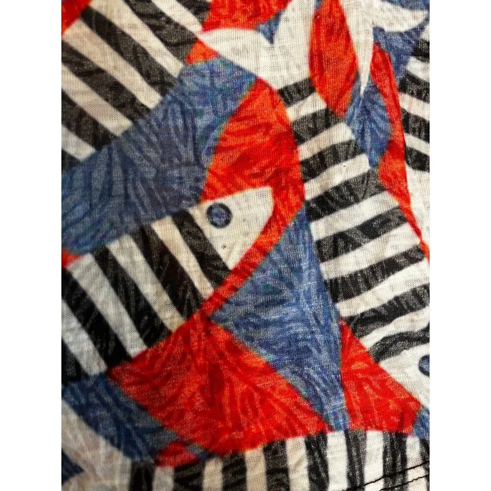 Colorful Fish Print Top Blue S Coastal Nautical Resort Preppy Striped Patriotic - Picture 5 of 7